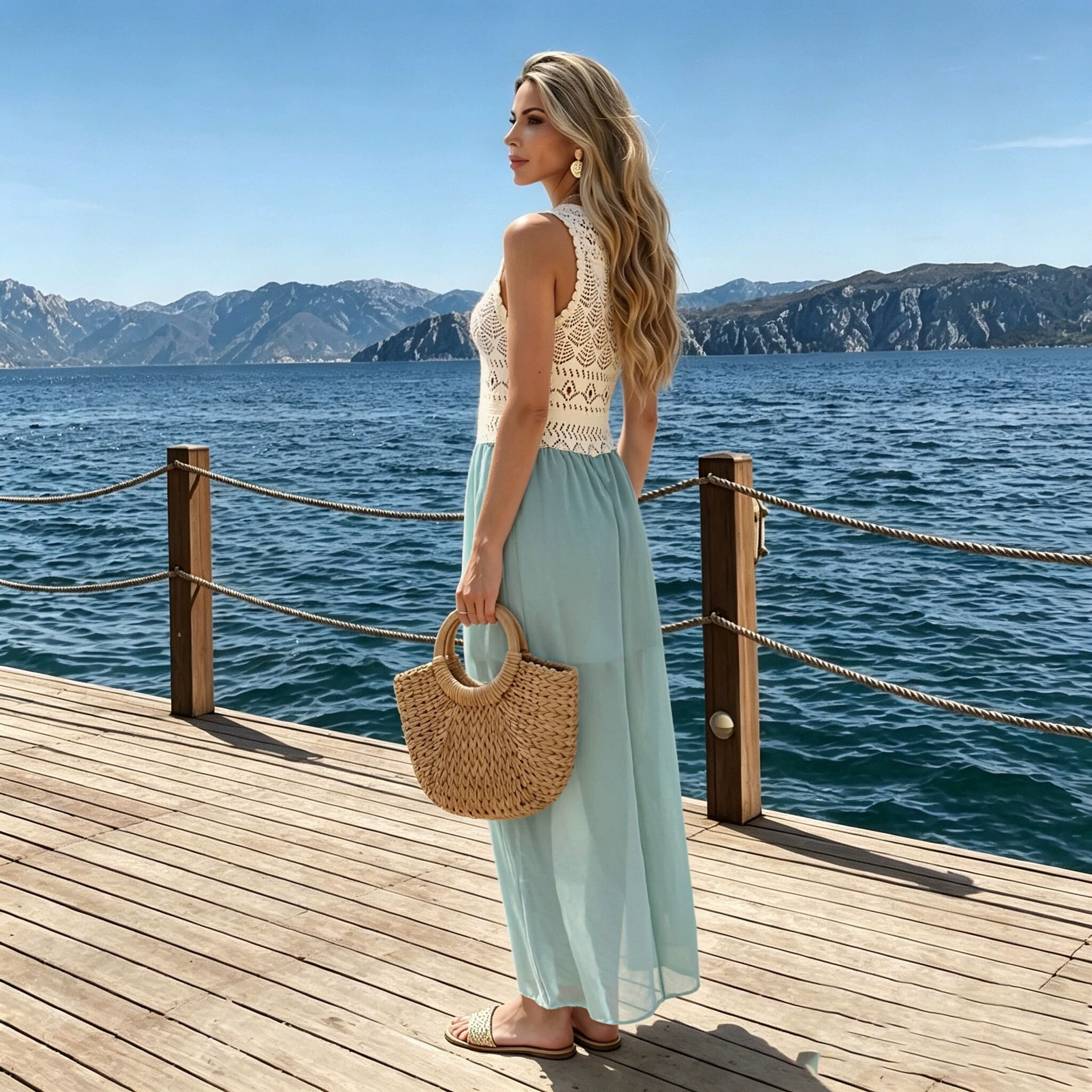 Sleeveless Crochet Top Chiffon Skirt Maxi Dress