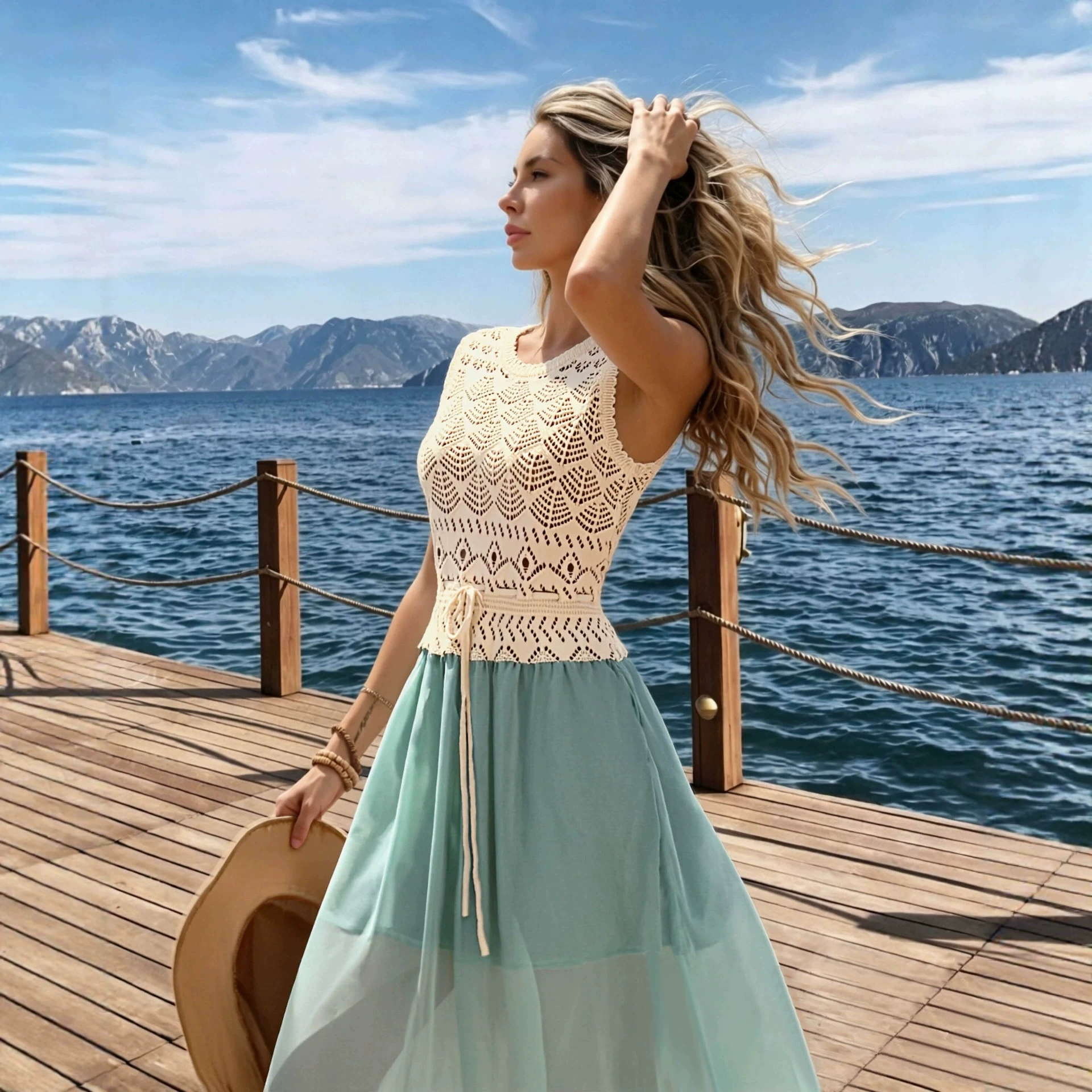 Sleeveless Crochet Top Chiffon Skirt Maxi Dress view 3