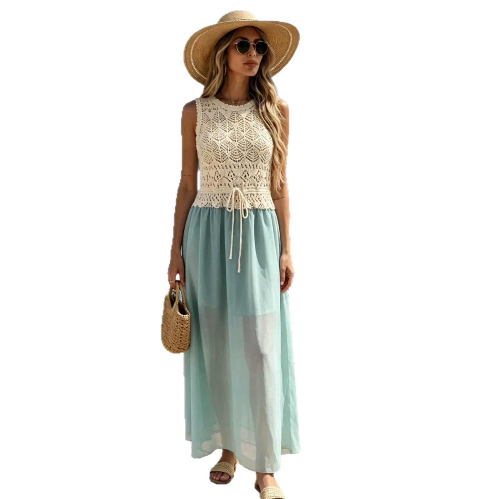 Sleeveless Crochet Top Chiffon Skirt Maxi Dress view 5