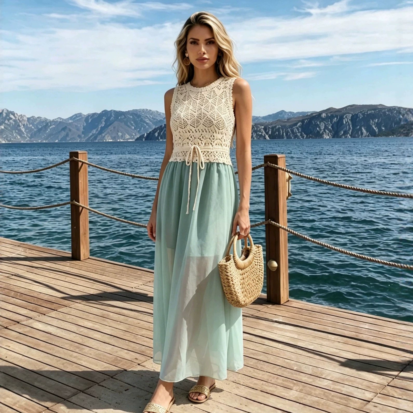 Sleeveless Crochet Top Chiffon Skirt Maxi Dress view 6
