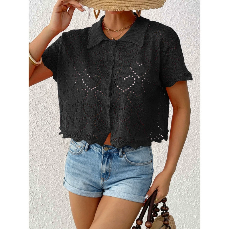 Women's Collared Short Sleeve Button-Up Crop Cardigan view 3