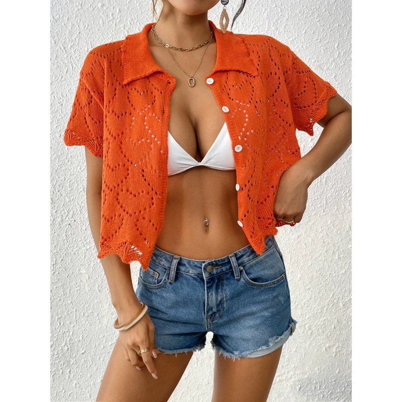 Women's Collared Short Sleeve Button-Up Crop Cardigan view 4