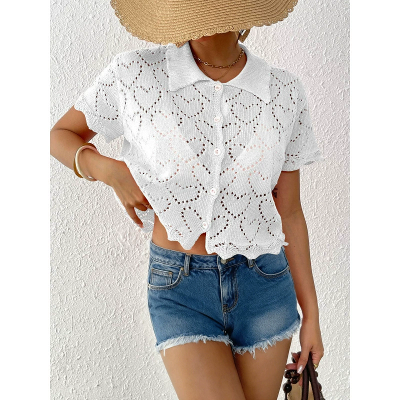 Women's Collared Short Sleeve Button-Up Crop Cardigan view 5