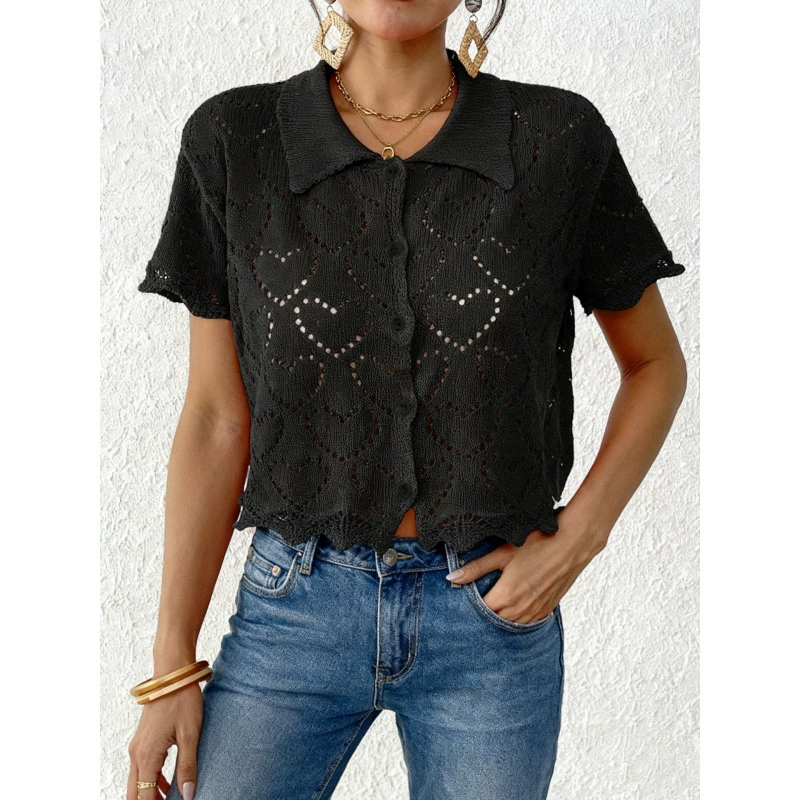 Women's Collared Short Sleeve Button-Up Crop Cardigan view 6