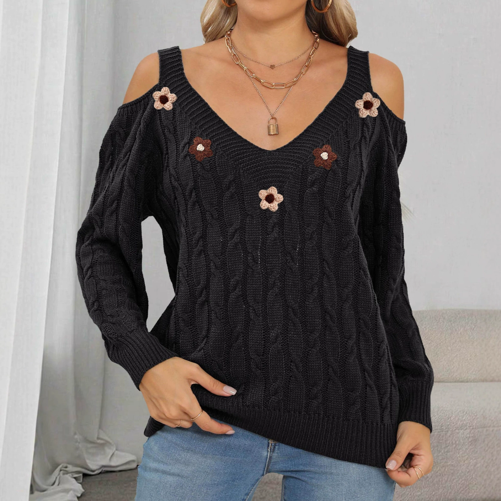 Women’s Cold Shoulder V-Neck Knit Sweater