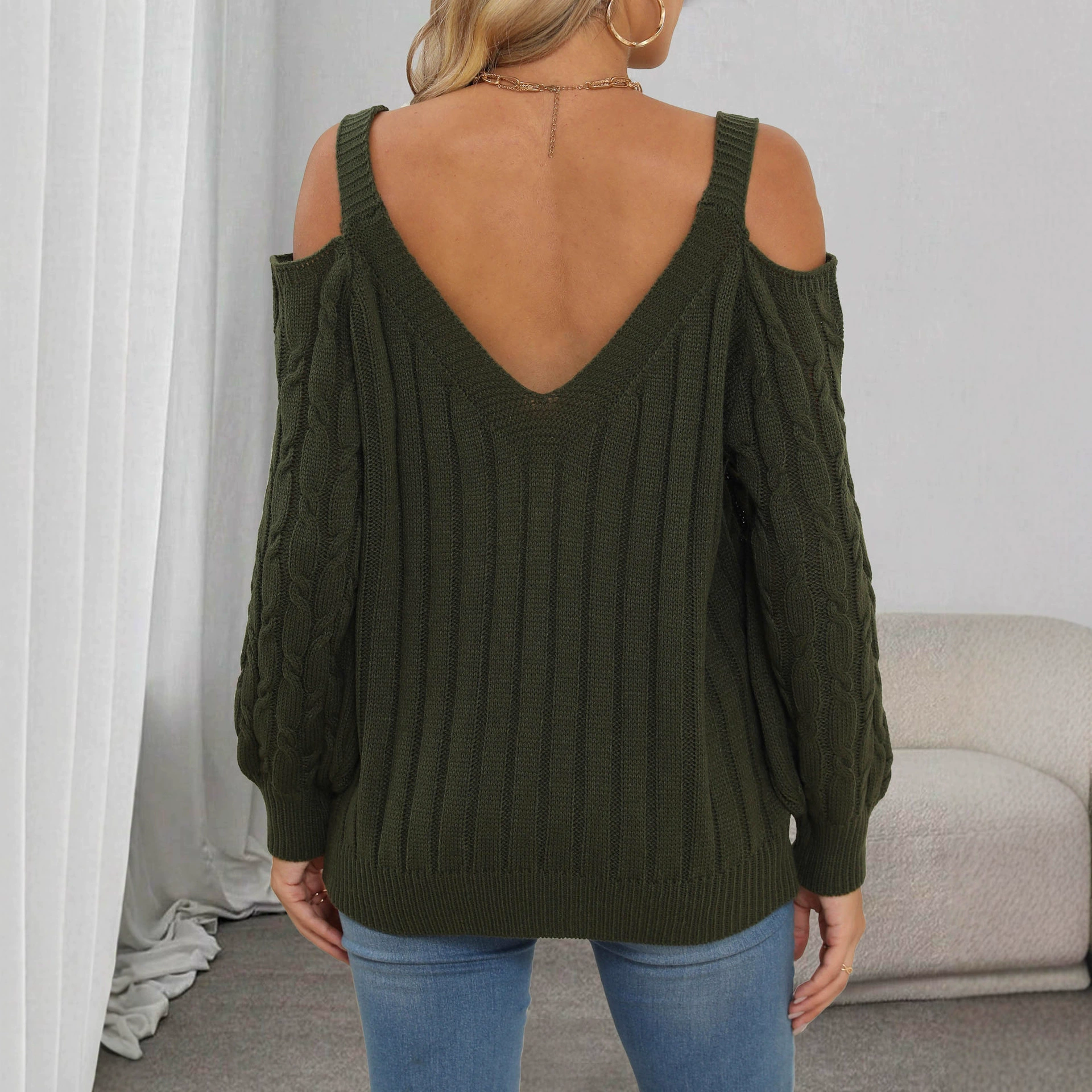 Women's Cold Shoulder V-Neck Knit Sweater view 3