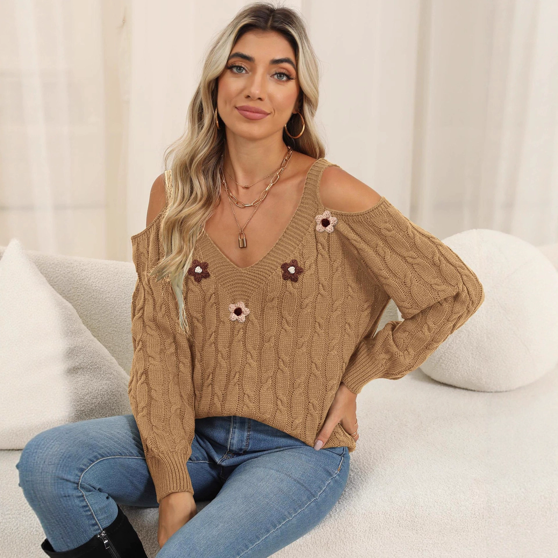 Women's Cold Shoulder V-Neck Knit Sweater view 4