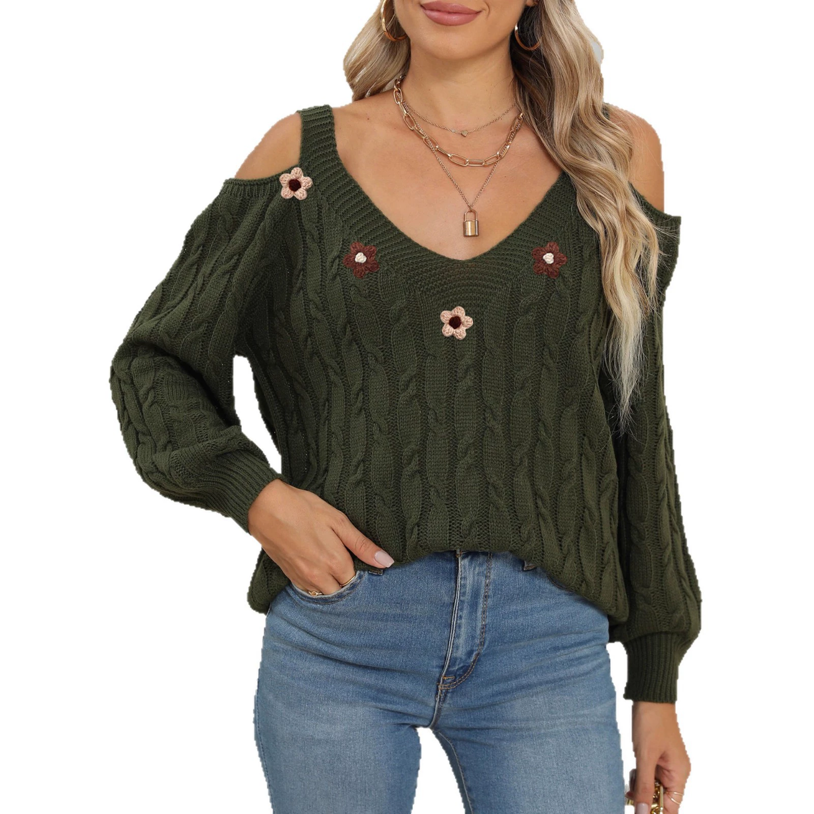 Women's Cold Shoulder V-Neck Knit Sweater view 5