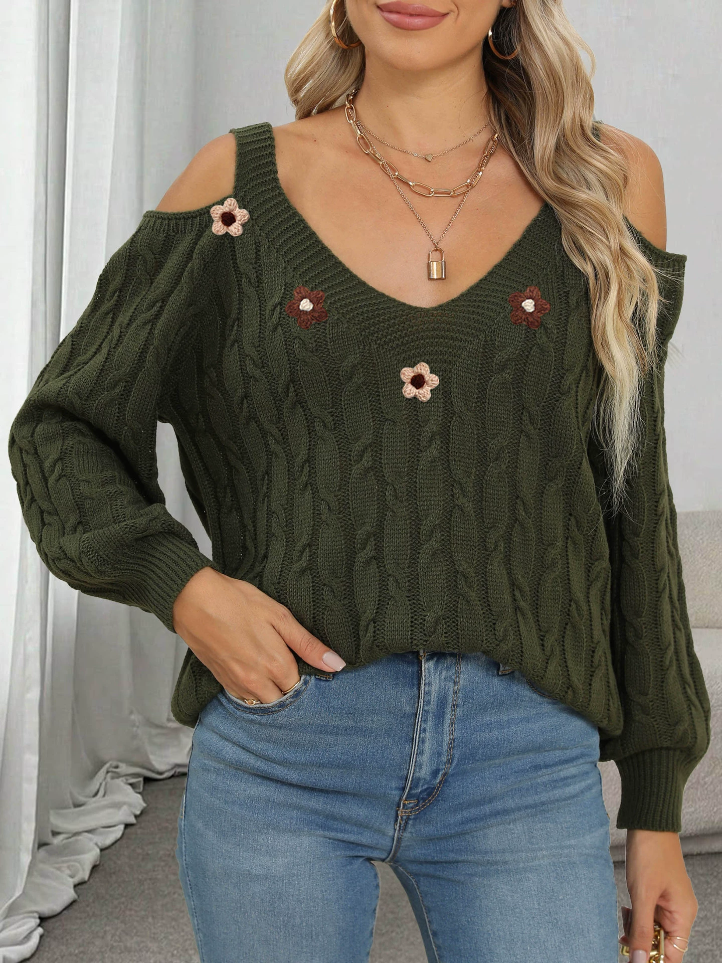 Women's Cold Shoulder V-Neck Knit Sweater view 6