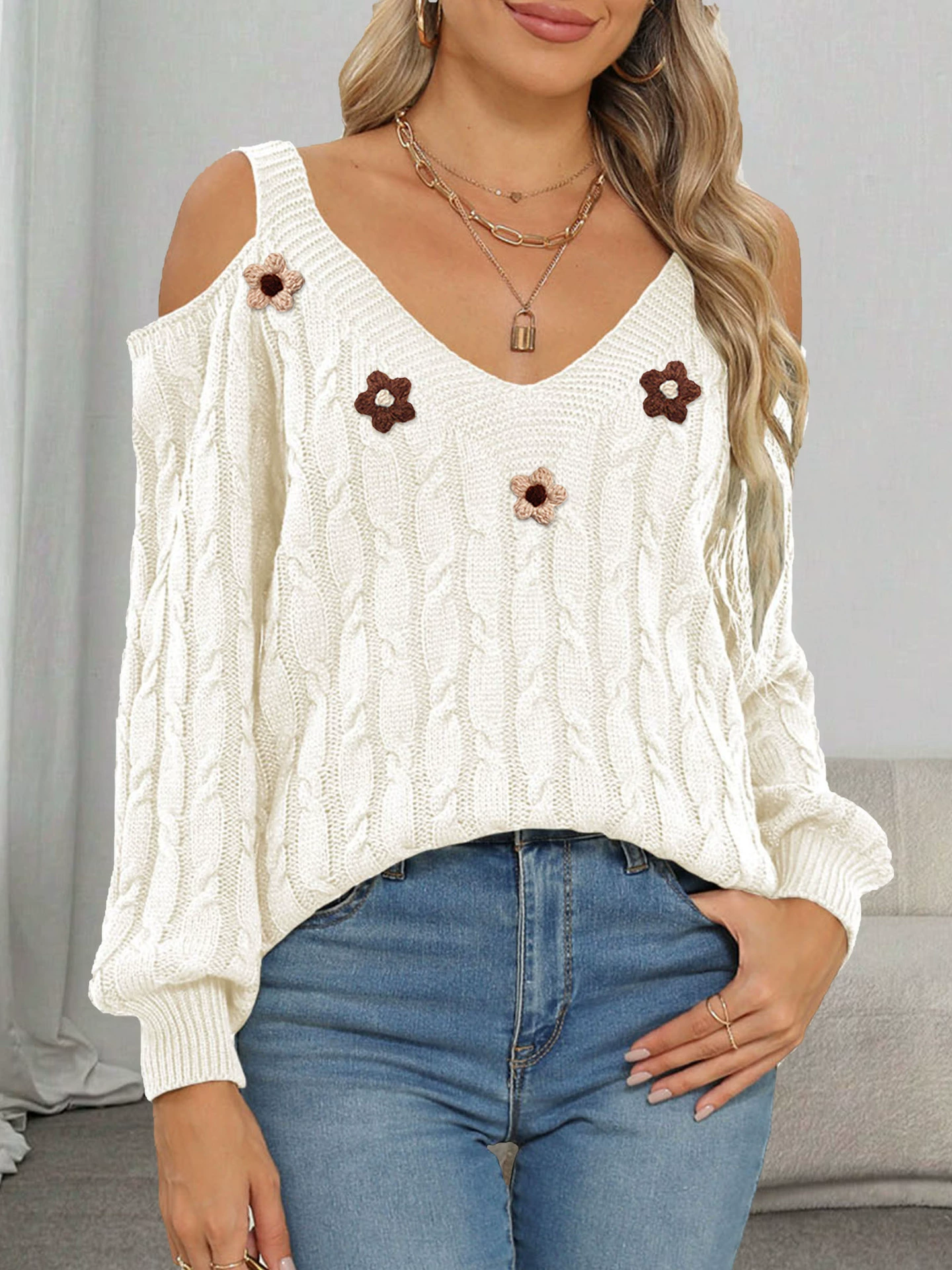 Women's Cold Shoulder V-Neck Knit Sweater view 7