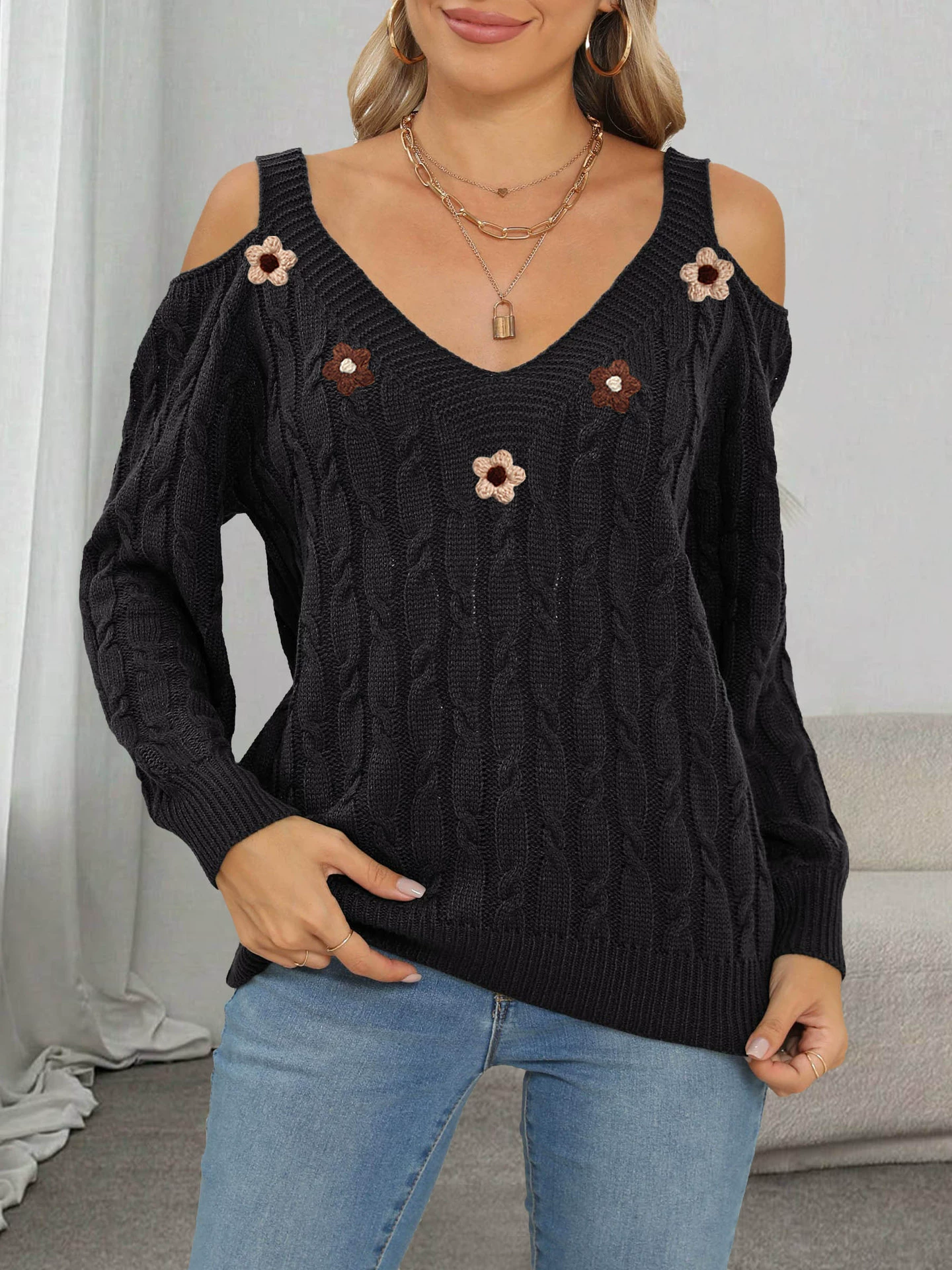 Women's Cold Shoulder V-Neck Knit Sweater view 8