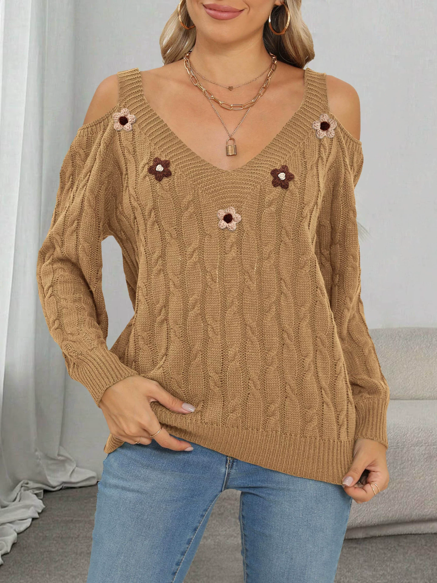 Women's Cold Shoulder V-Neck Knit Sweater view 9