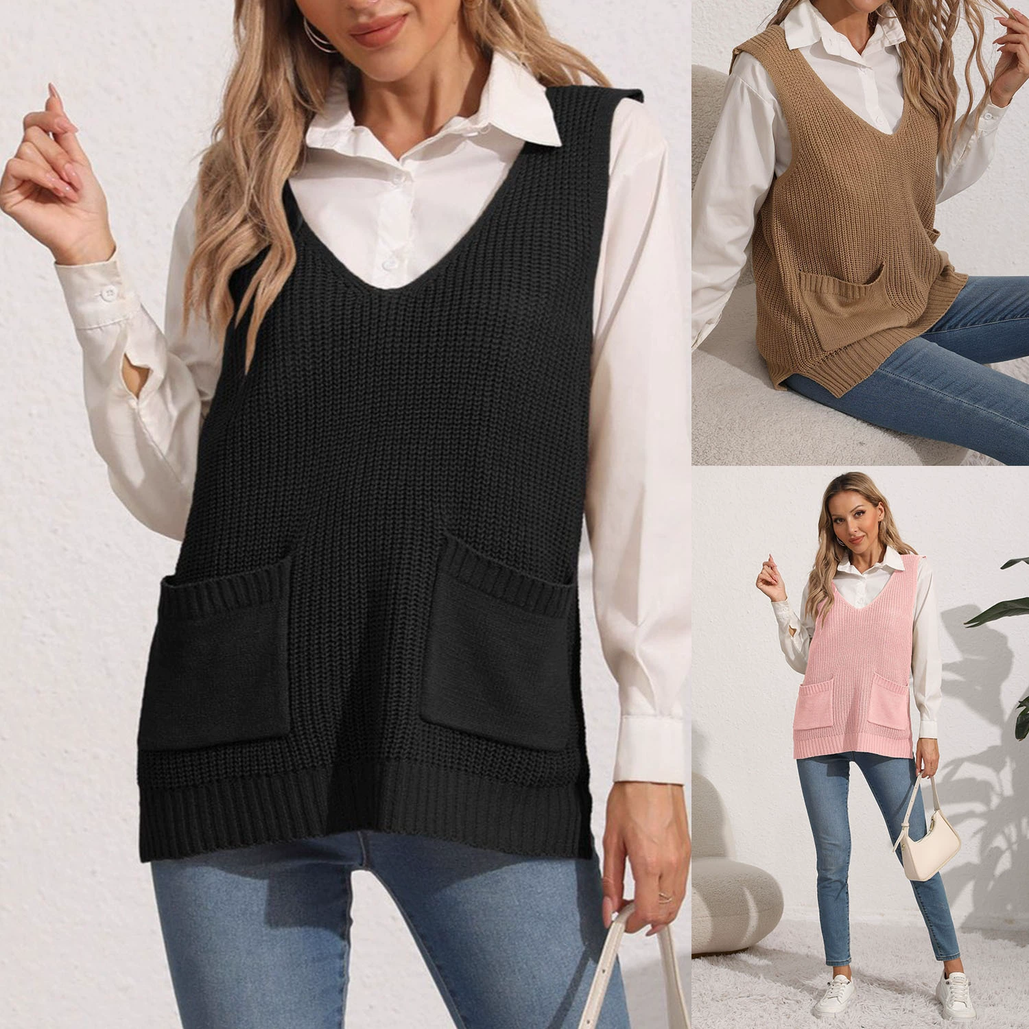 Women’s V-Neck Sleeveless Vest with Front Pockets