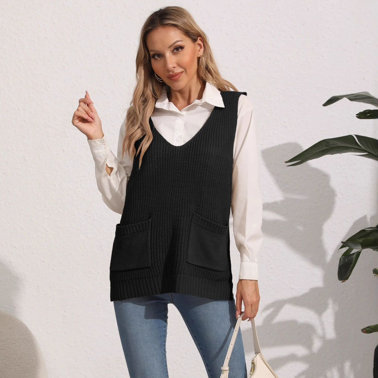 Women’s V-Neck Sleeveless Vest with Front Pockets