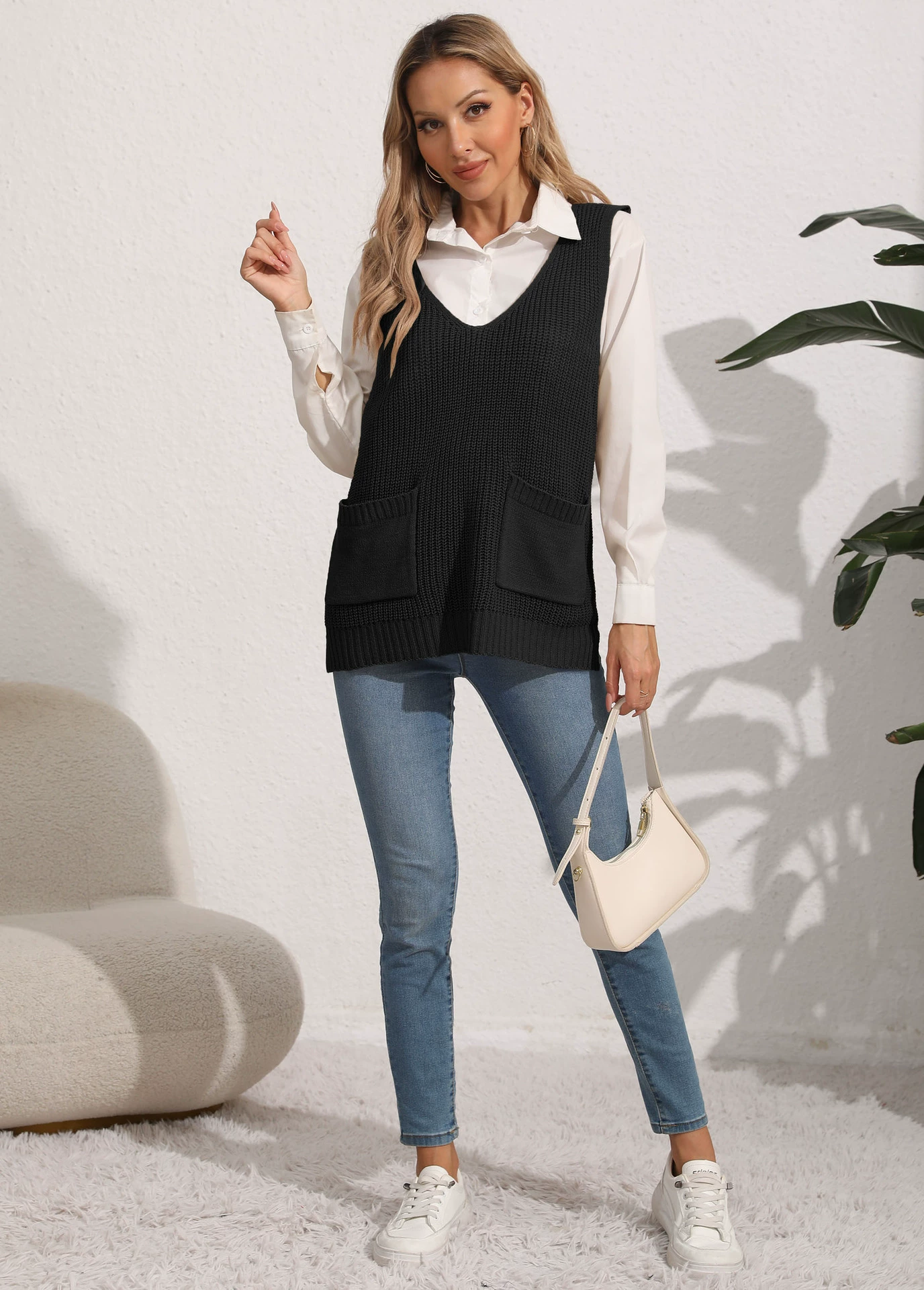 Women's V-Neck Sleeveless Vest with Front Pockets view 7