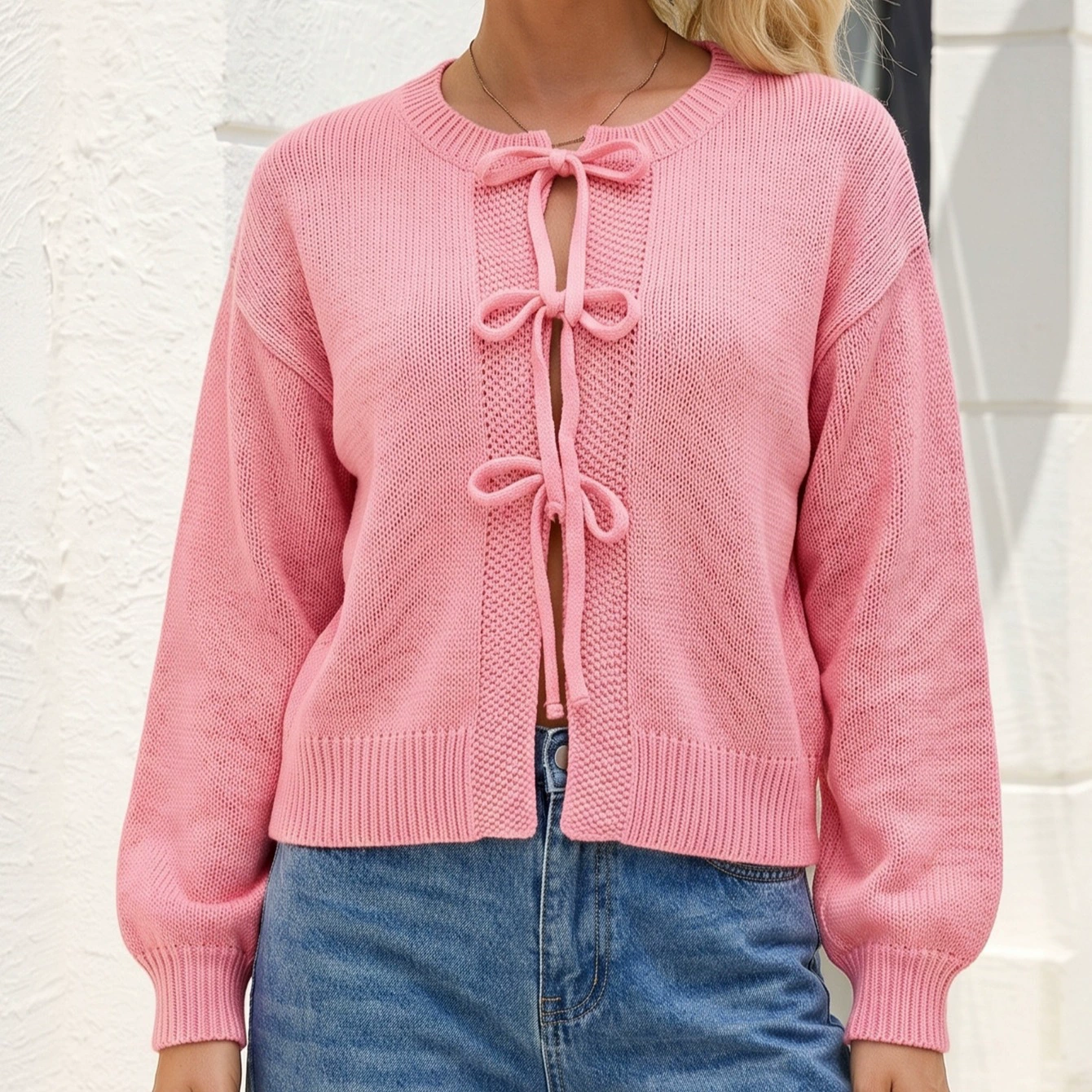 Women's Round Neck Tie-Front Cardigan view 4