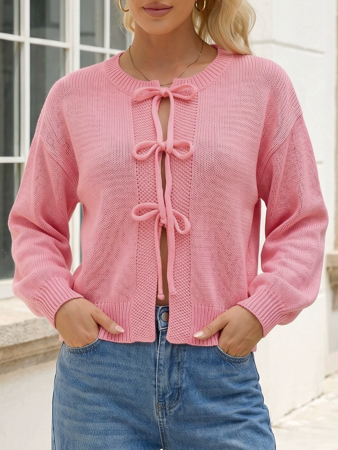 Women's Round Neck Tie-Front Cardigan view 7