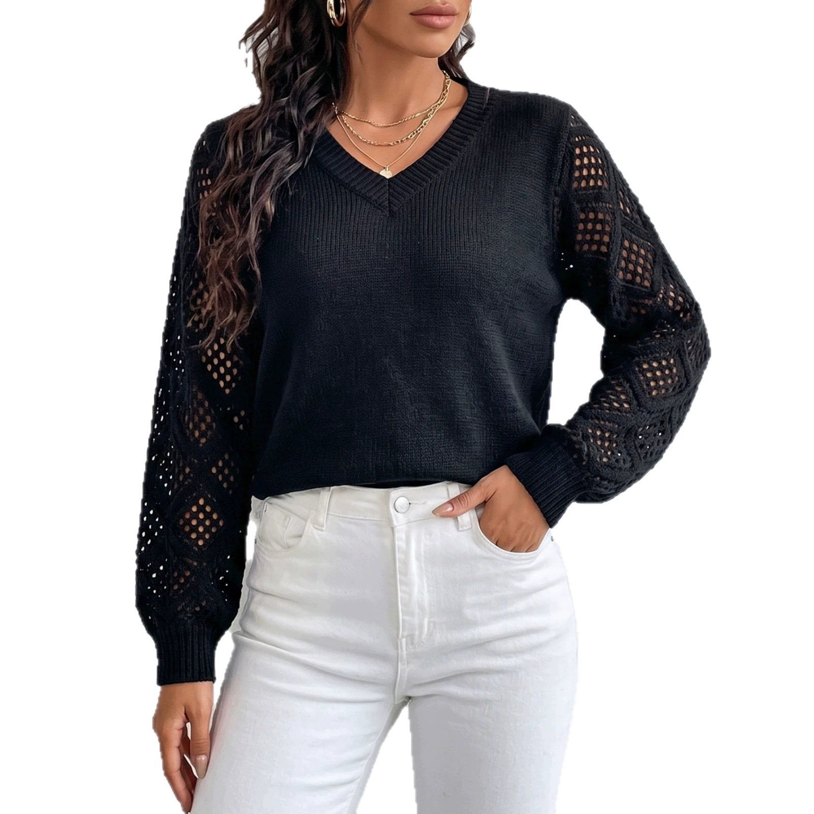 V-Neck Openwork Sleeve Knit Sweater view 5