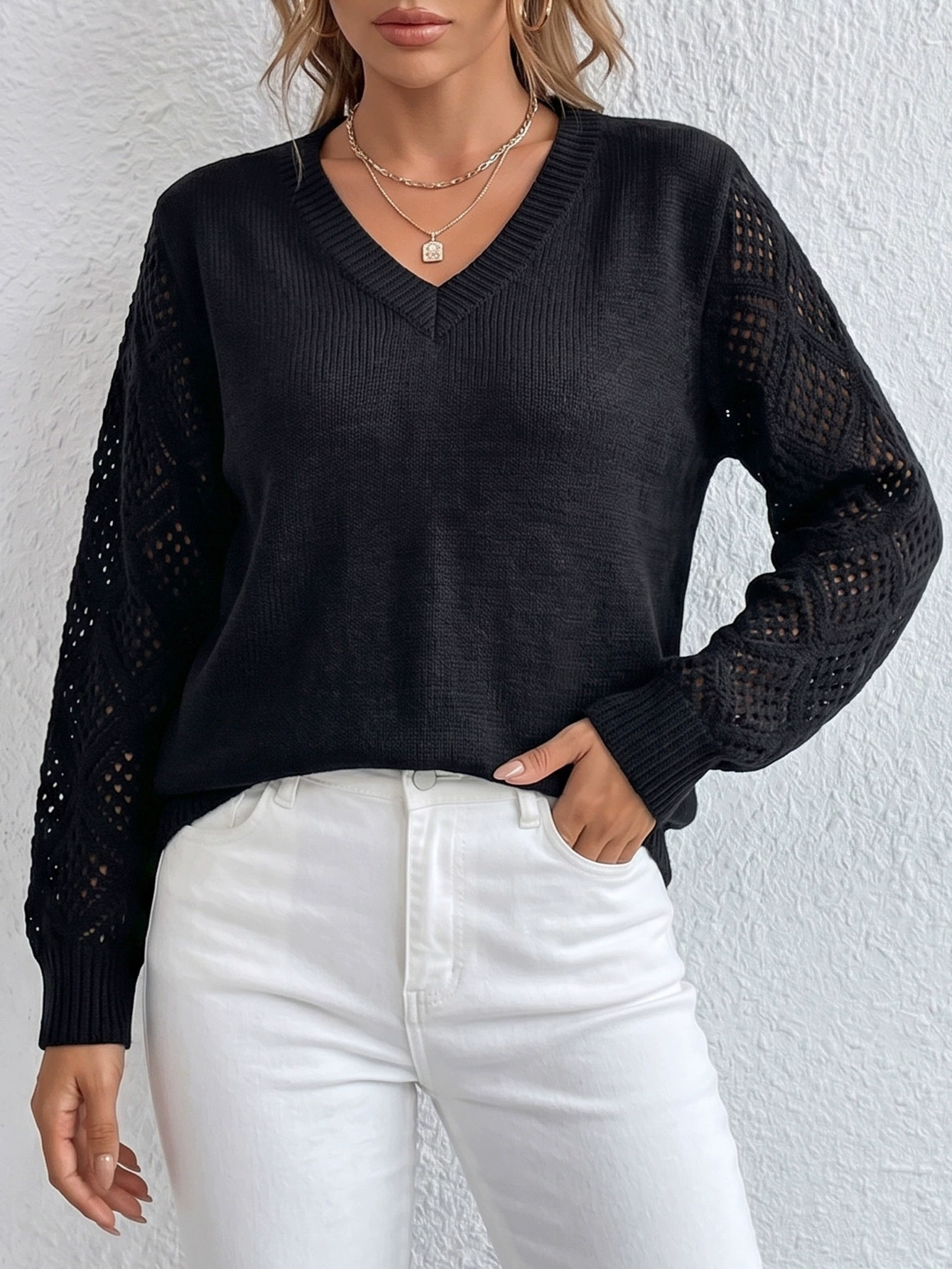 V-Neck Openwork Sleeve Knit Sweater view 7