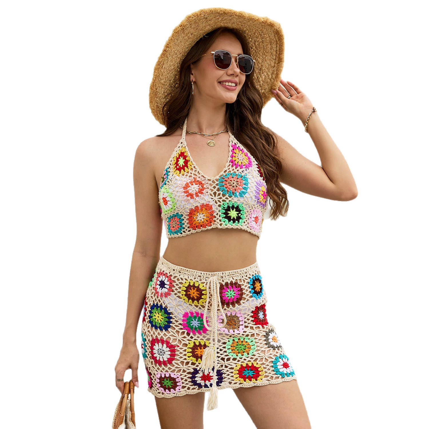 Two-Piece Crochet Halter Top and Skirt Set view 5