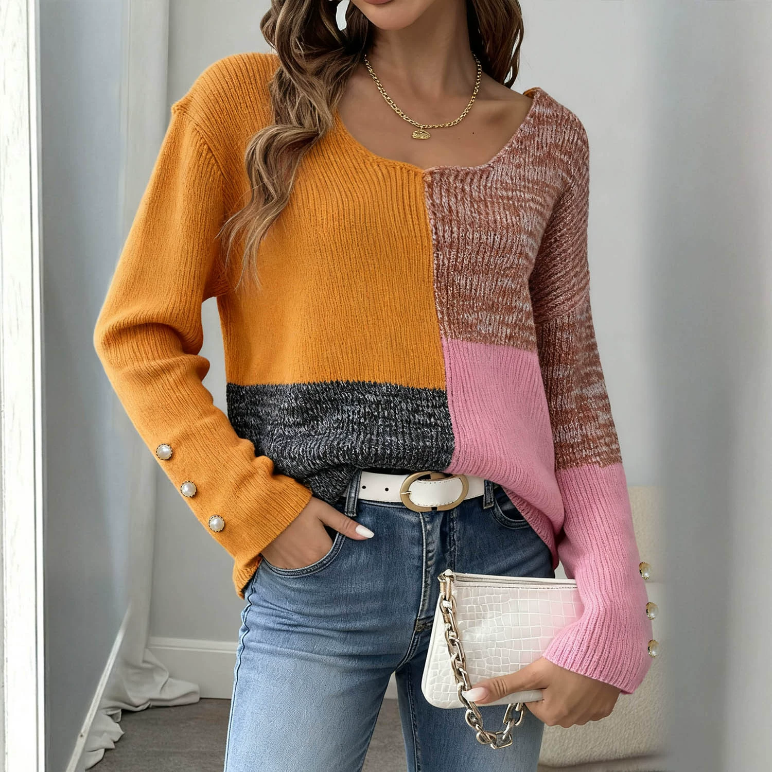 Relaxed Fit Deep V-Neck Ribbed Knit Sweater with Button Cuffs