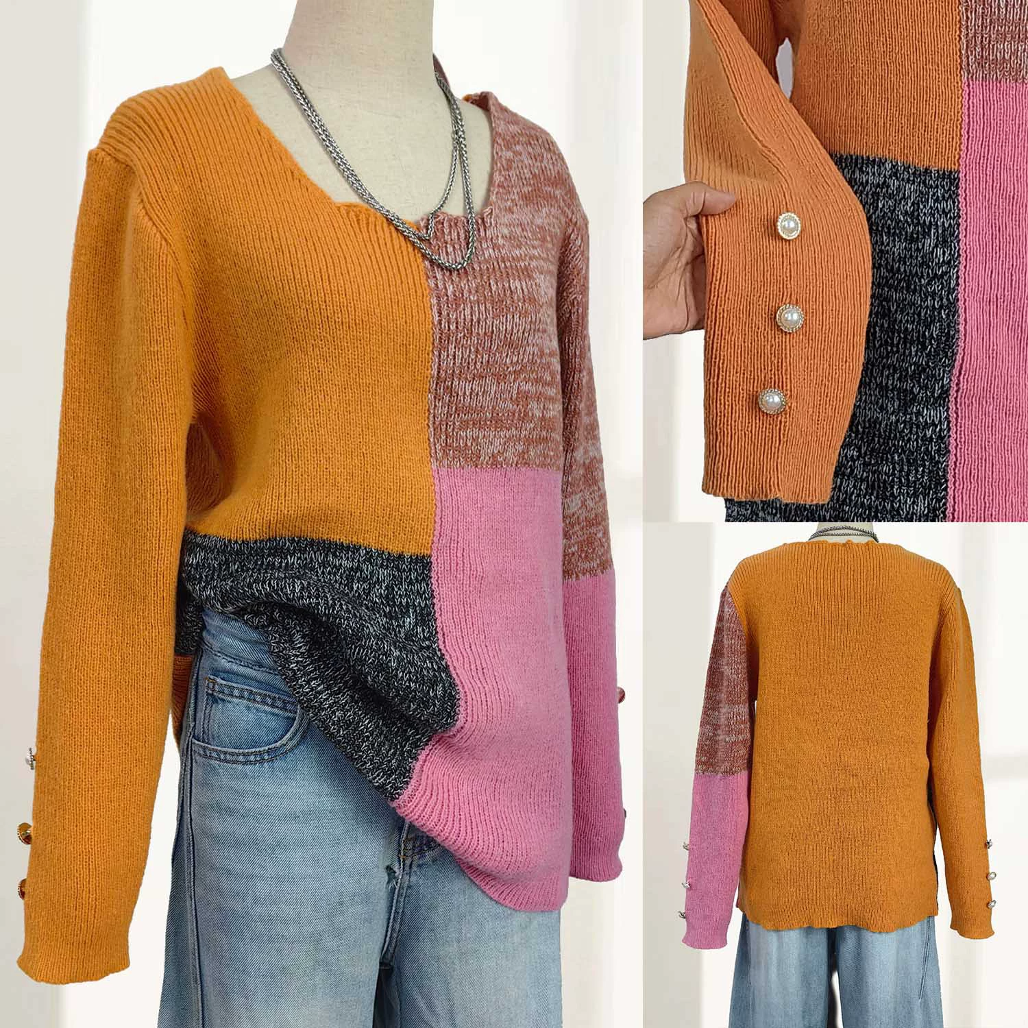 Relaxed Fit Deep V-Neck Ribbed Knit Sweater with Button Cuffs view 3