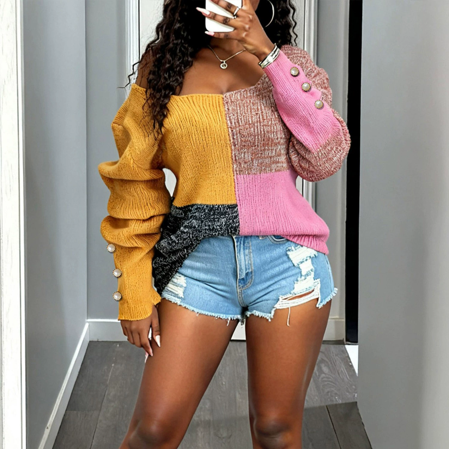 Relaxed Fit Deep V-Neck Ribbed Knit Sweater with Button Cuffs view 5