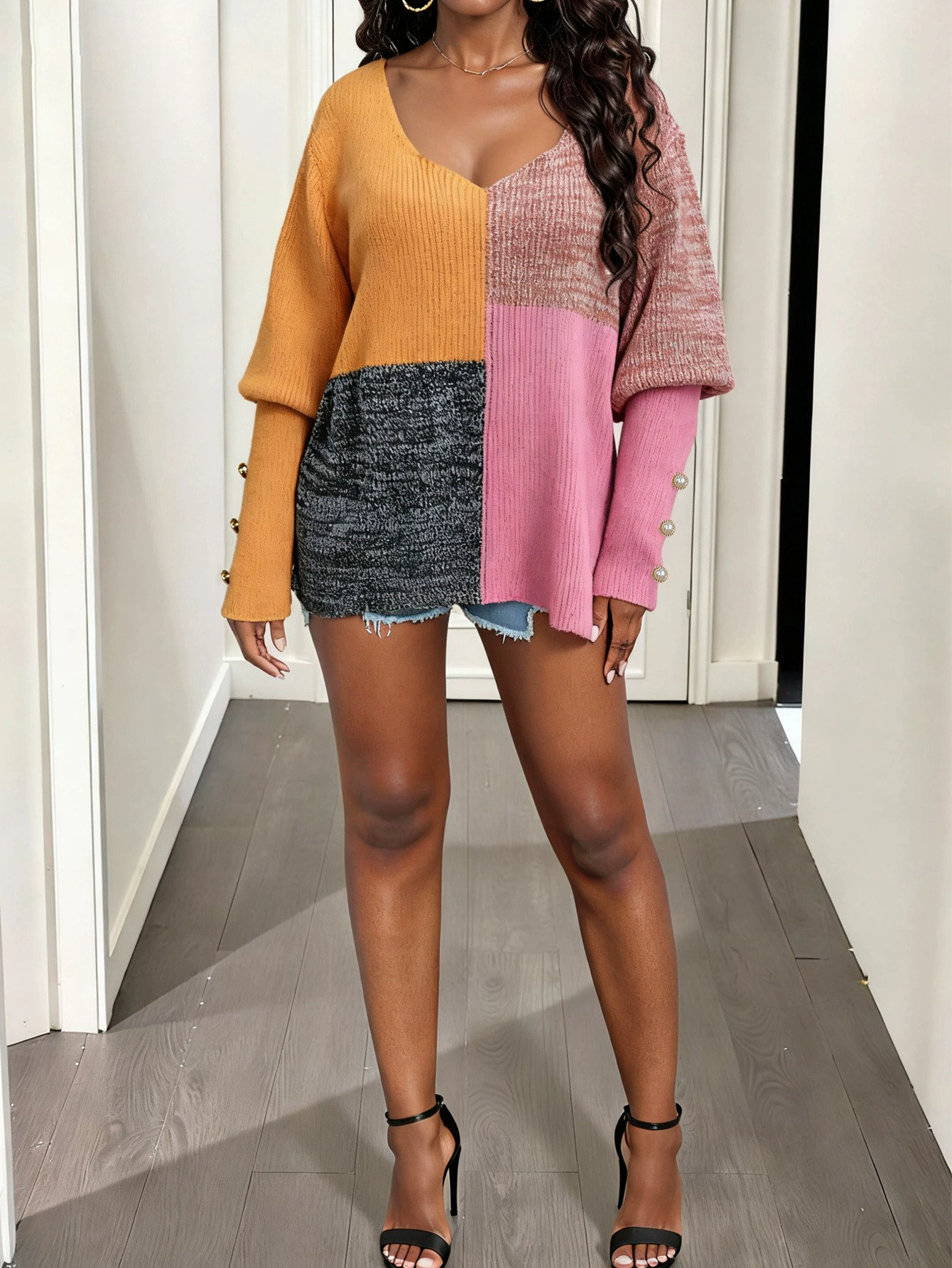 Relaxed Fit Deep V-Neck Ribbed Knit Sweater with Button Cuffs view 6