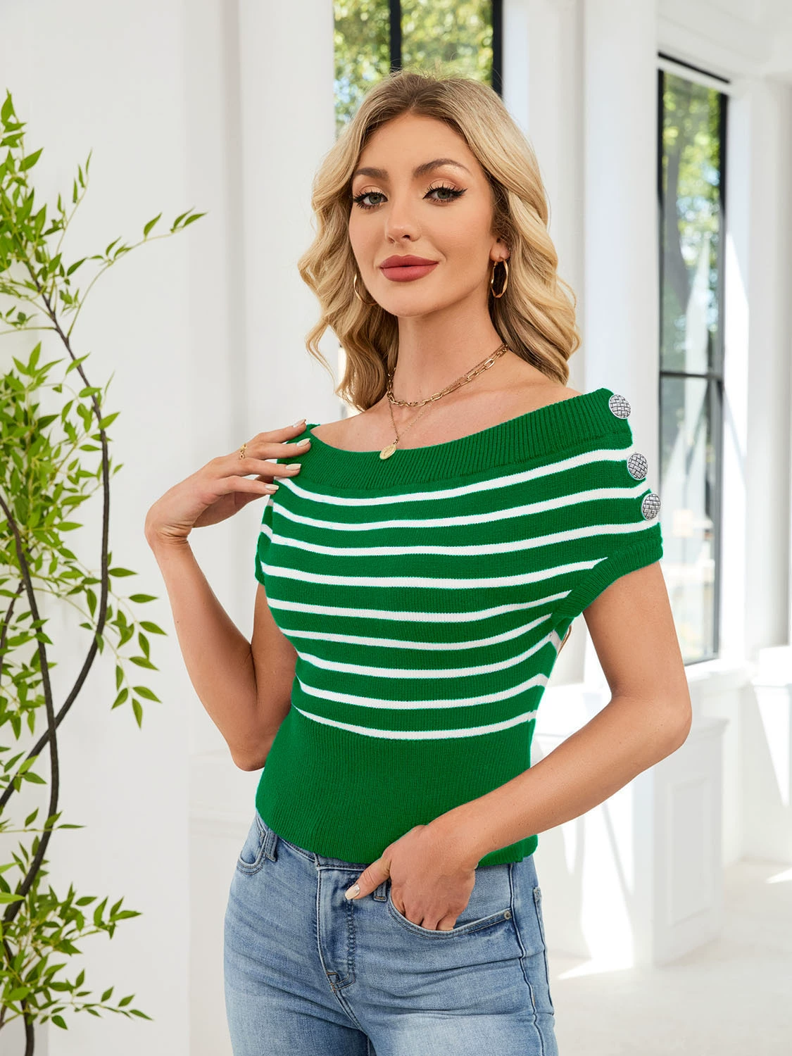 Women's Off-Shoulder Short Sleeve Top with Buttons view 10