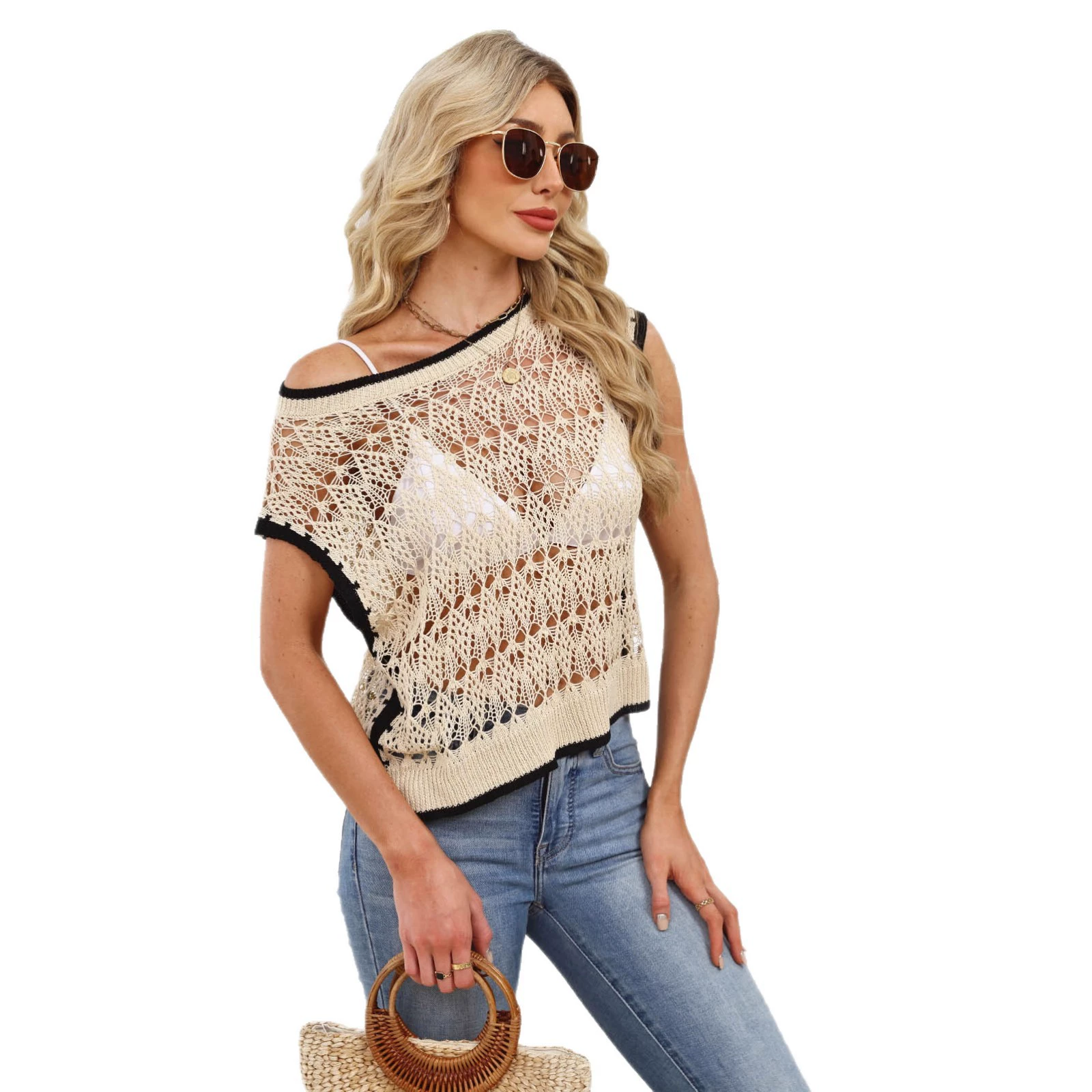 Crochet Knit Top with Convertible Neckline and Short Sleeves view 5