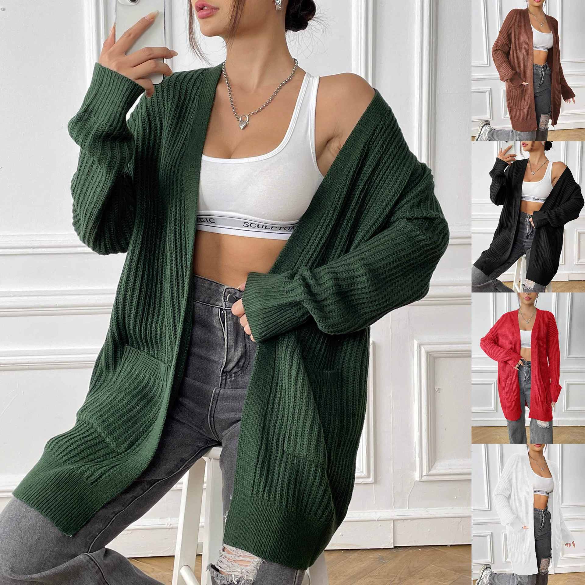 Women's V-Neck Longline Open Front Cardigan with Pockets