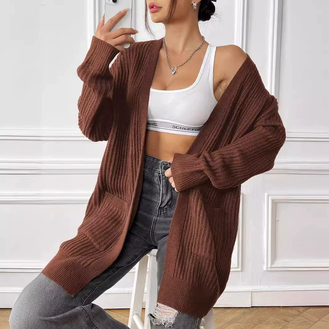 Women's V-Neck Longline Open Front Cardigan with Pockets view 2
