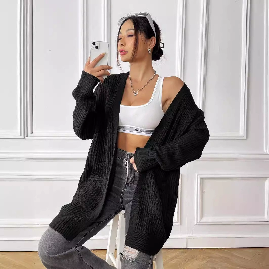 Women's V-Neck Longline Open Front Cardigan with Pockets view 4