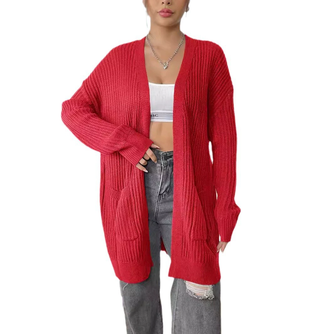 Women's V-Neck Longline Open Front Cardigan with Pockets view 5