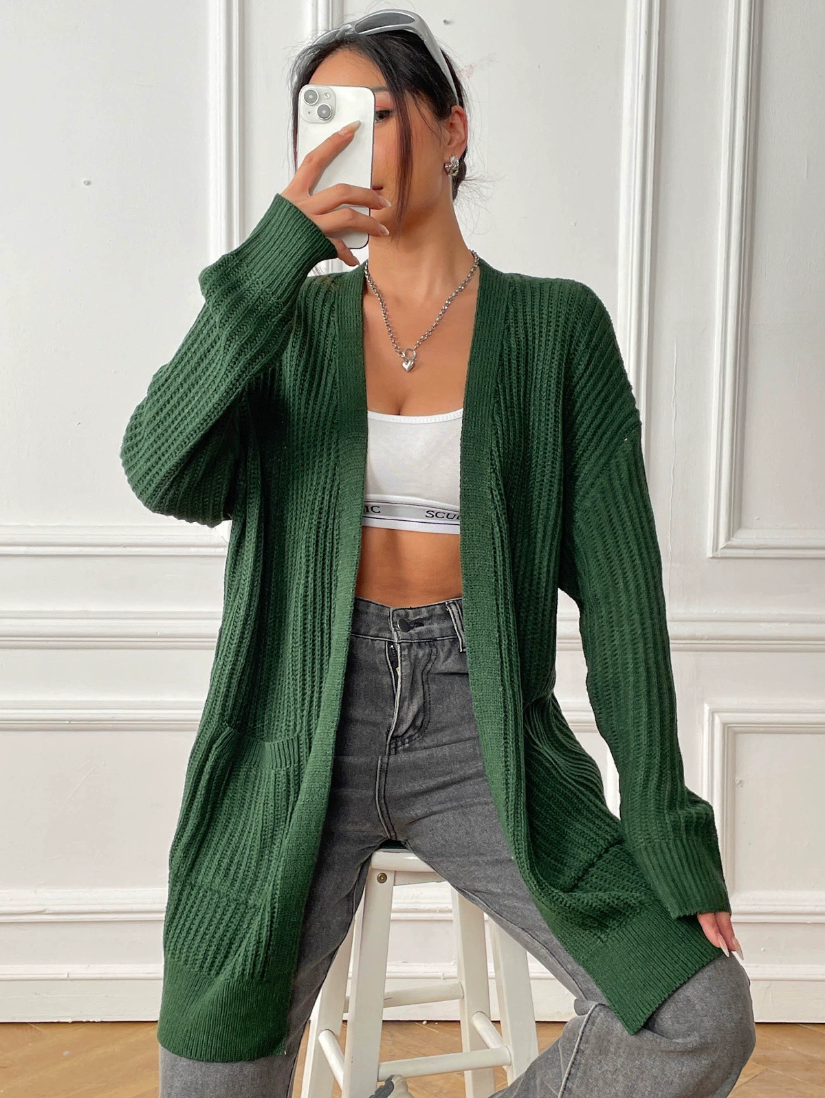Women's V-Neck Longline Open Front Cardigan with Pockets view 6