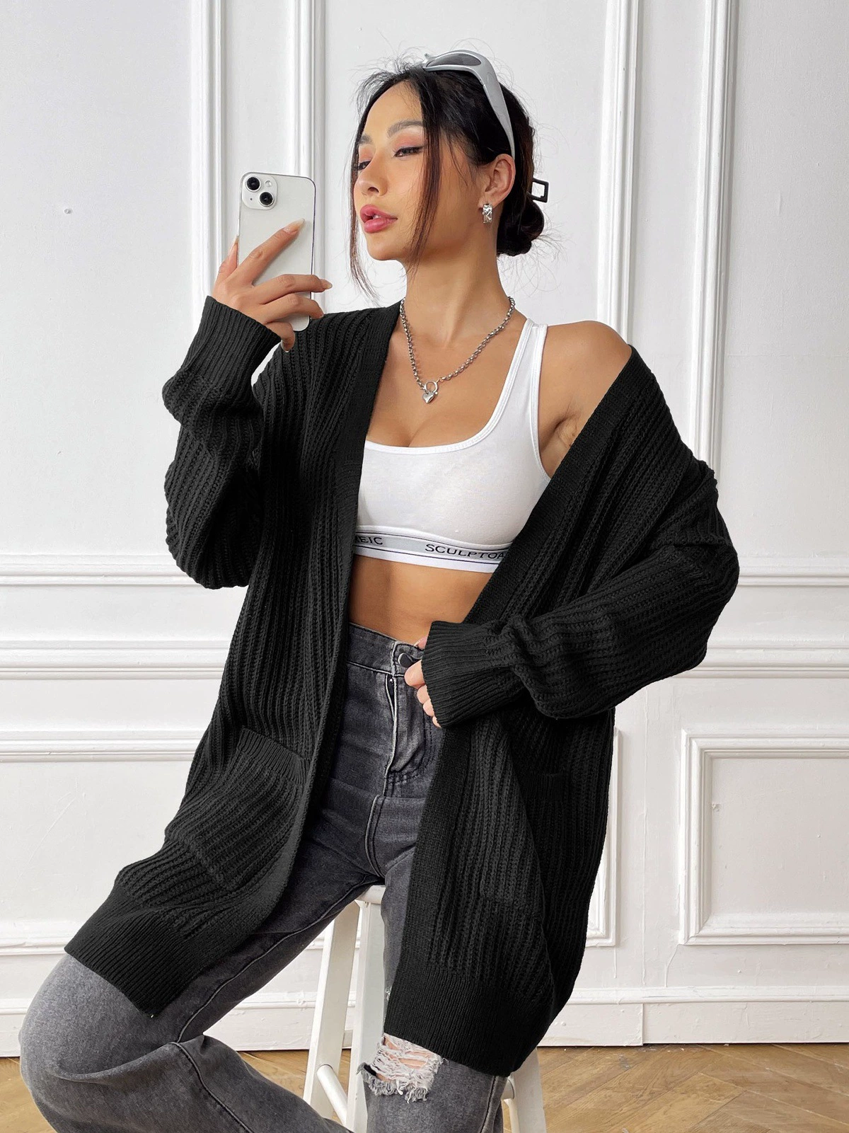 Women's V-Neck Longline Open Front Cardigan with Pockets view 7