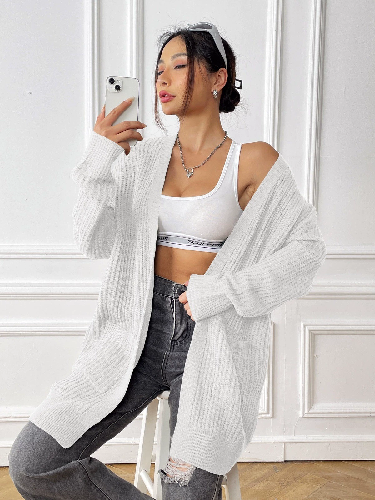 Women's V-Neck Longline Open Front Cardigan with Pockets view 8