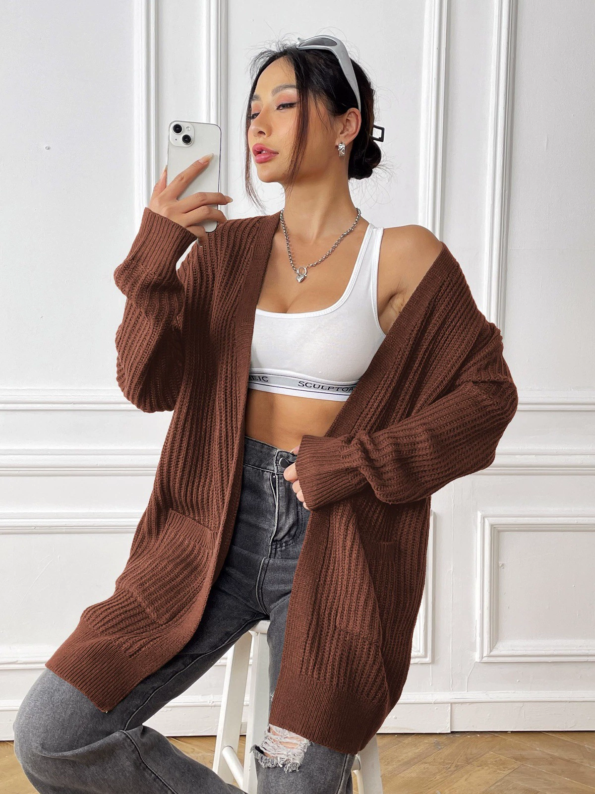 Women's V-Neck Longline Open Front Cardigan with Pockets view 9
