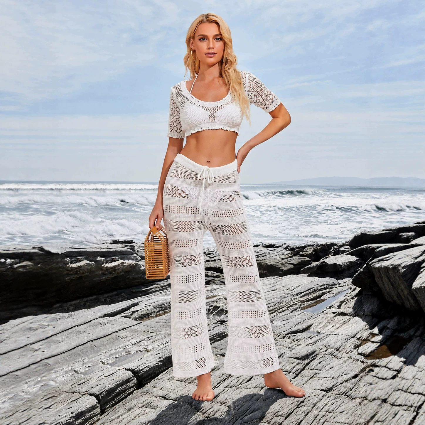 Short Sleeve Crop Top and Wide Leg Pants Set view 3