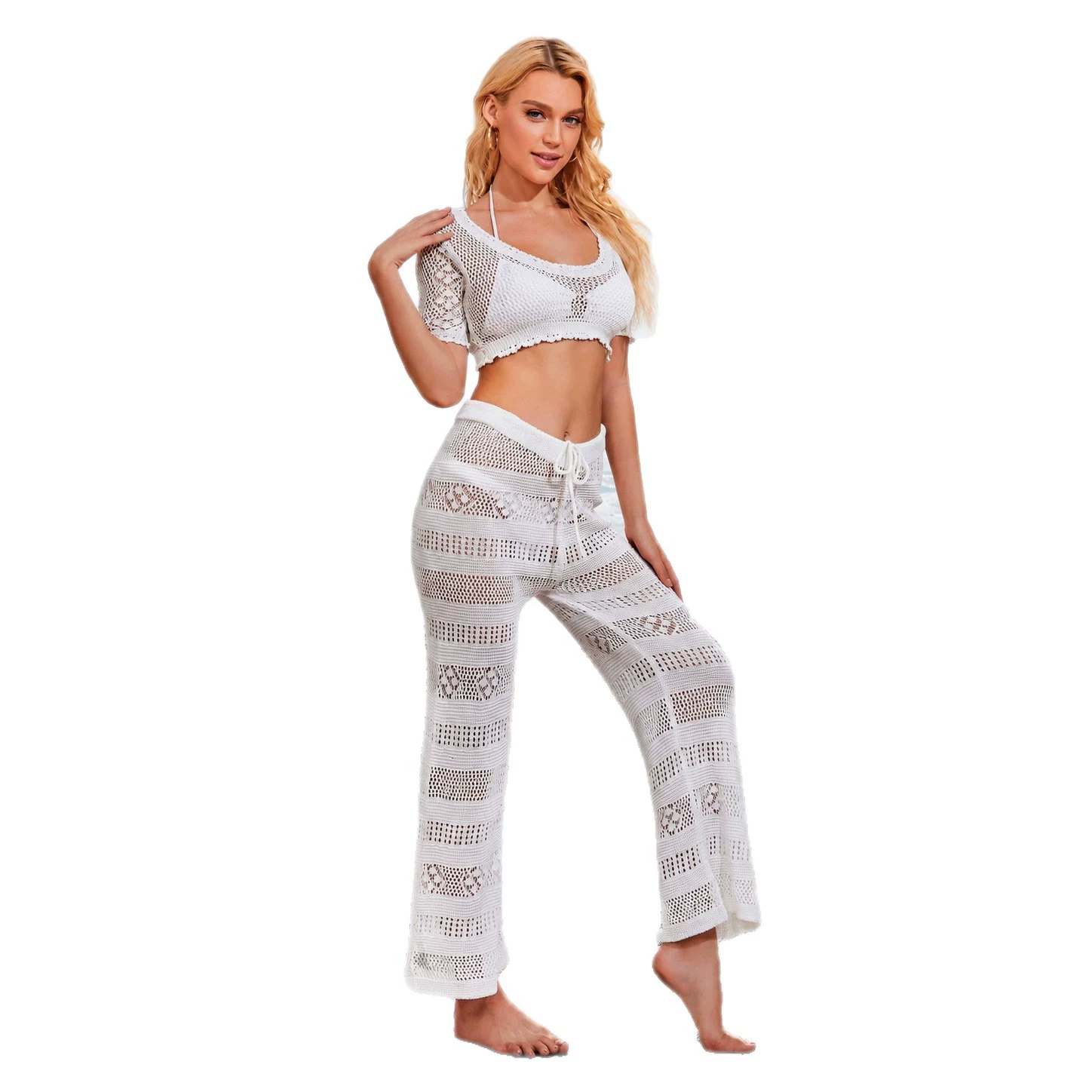 Short Sleeve Crop Top and Wide Leg Pants Set view 5