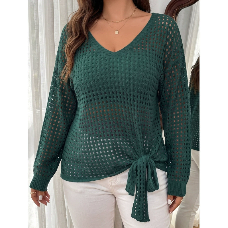 Women's V-Neck Tie-Front Long Sleeve Knit Pullover view 10