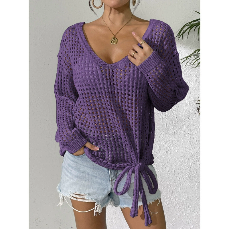 Women's V-Neck Tie-Front Long Sleeve Knit Pullover view 12