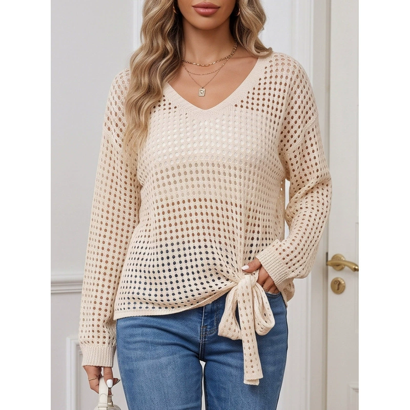 Women's V-Neck Tie-Front Long Sleeve Knit Pullover view 13