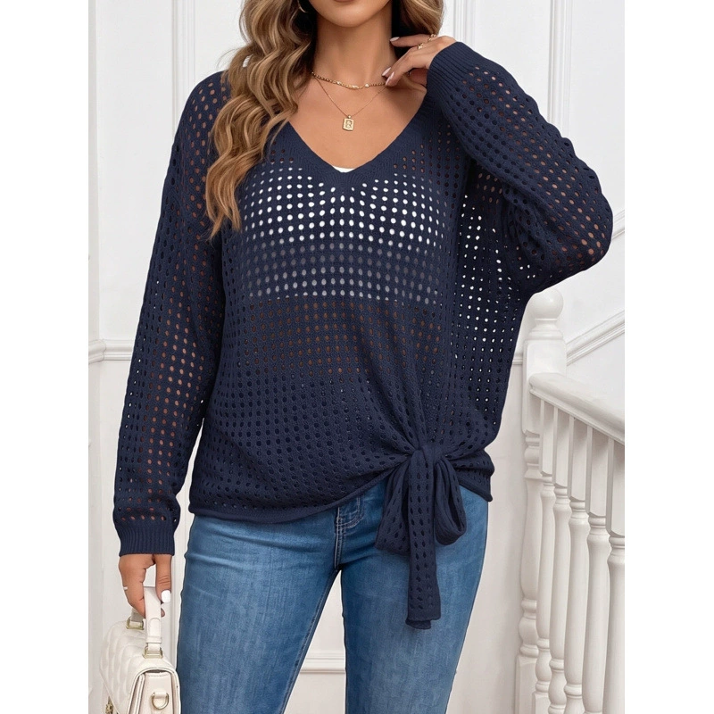 Women's V-Neck Tie-Front Long Sleeve Knit Pullover view 14