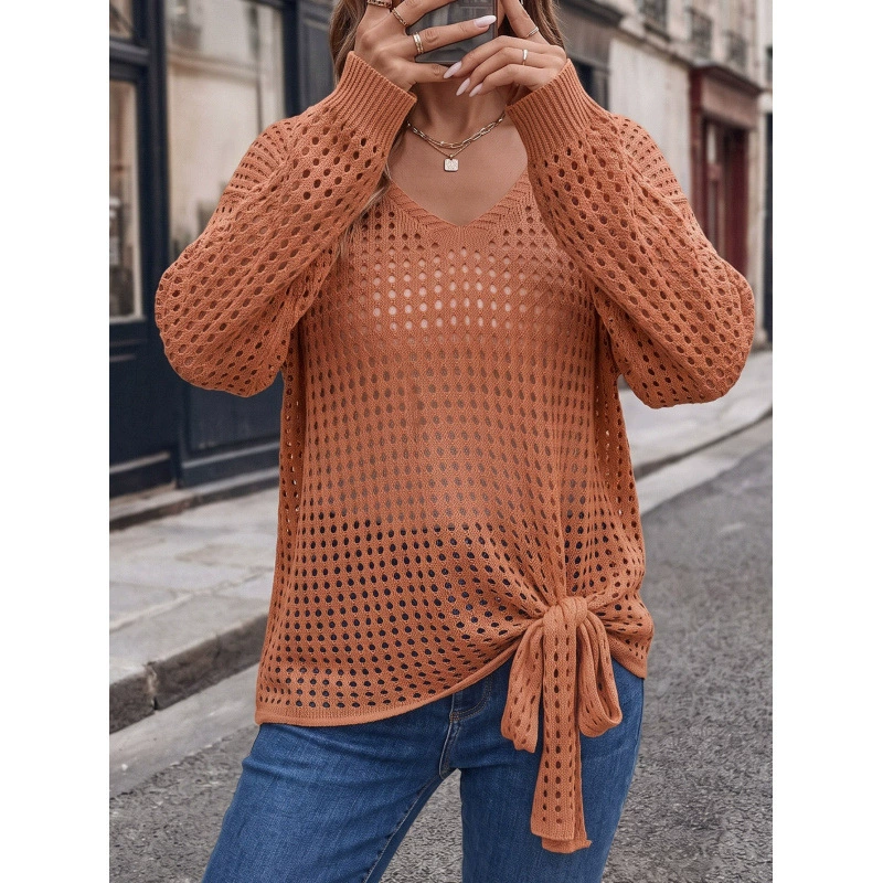 Women's V-Neck Tie-Front Long Sleeve Knit Pullover view 15