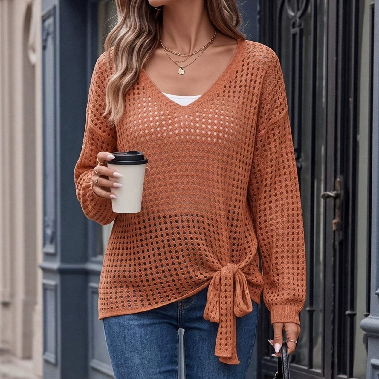 Women’s V-Neck Tie-Front Long Sleeve Knit Pullover
