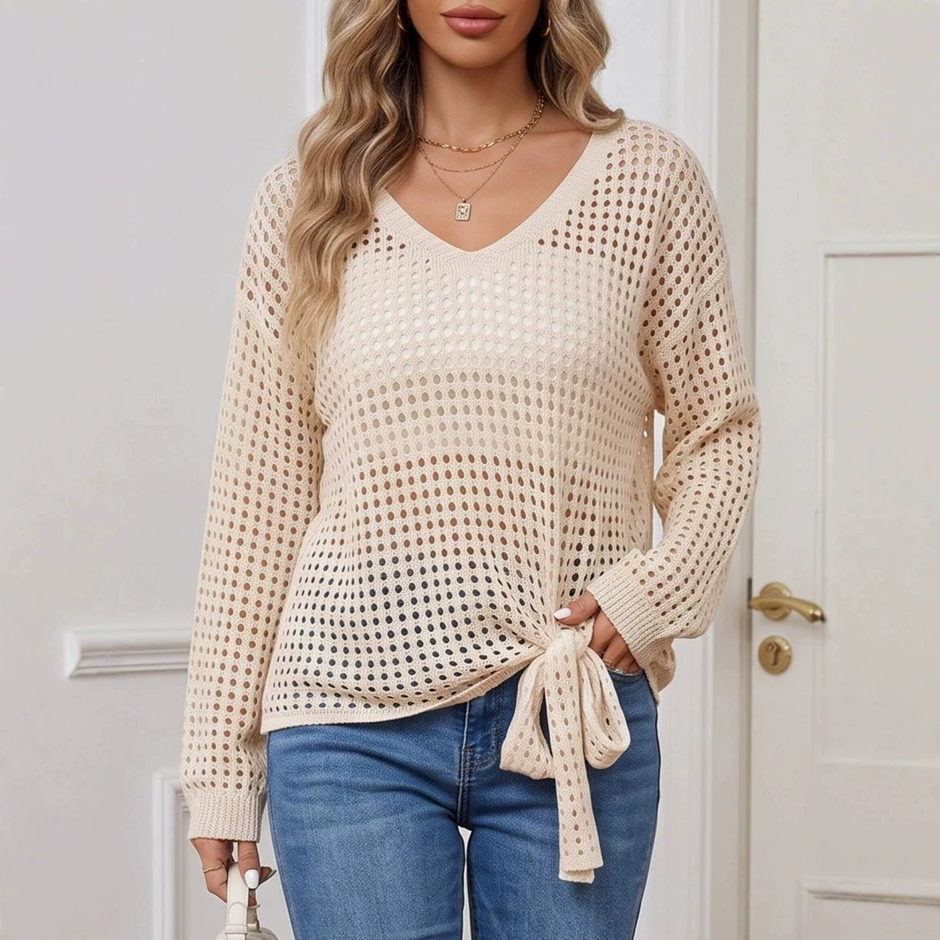 Women's V-Neck Tie-Front Long Sleeve Knit Pullover view 4