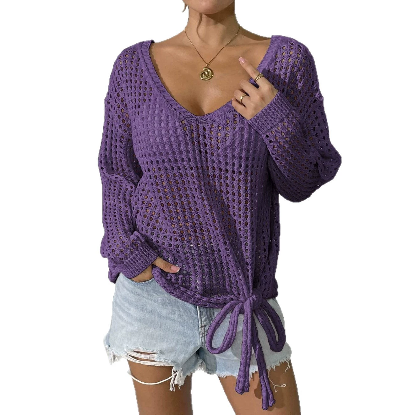 Women's V-Neck Tie-Front Long Sleeve Knit Pullover view 5
