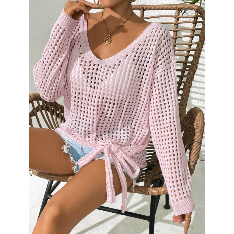 Women's V-Neck Tie-Front Long Sleeve Knit Pullover view 6