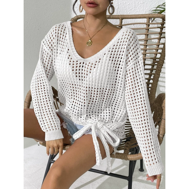 Women's V-Neck Tie-Front Long Sleeve Knit Pullover view 7